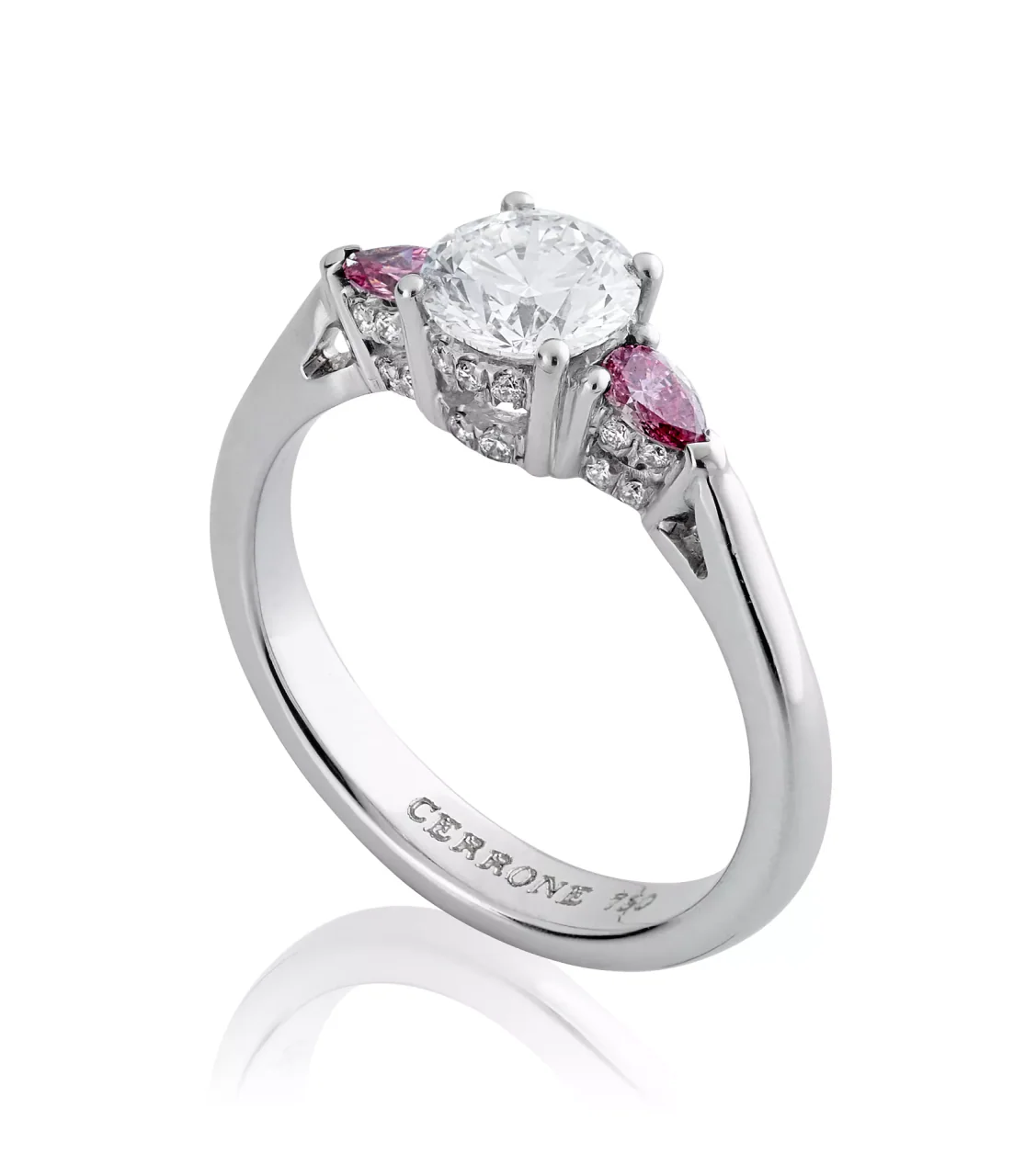 TUSCANY ROSE 18ct white gold round brilliant cut and Argyle pink diamond trilogy engagement ring - Image 2