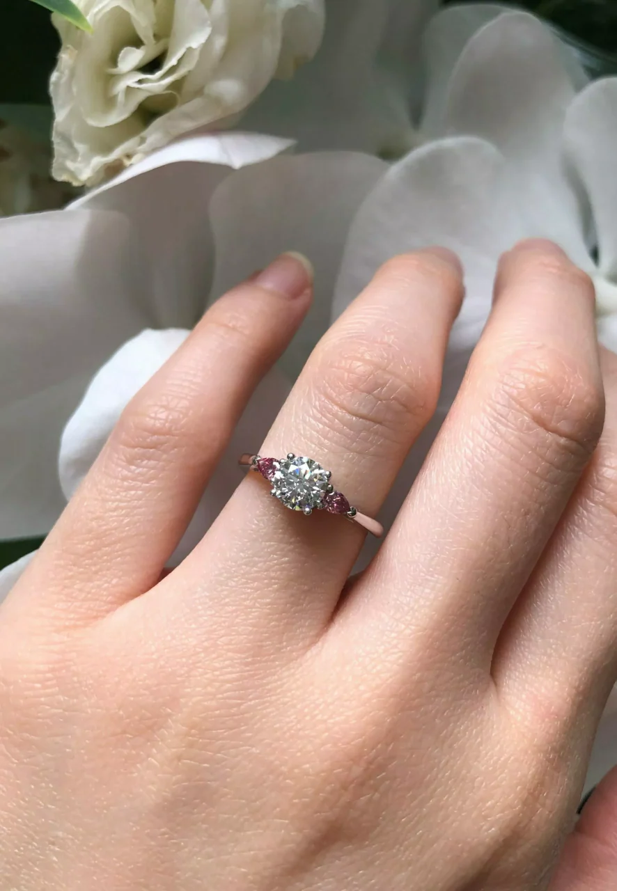 TUSCANY ROSE 18ct white gold round brilliant cut and Argyle pink diamond trilogy engagement ring - Image 3