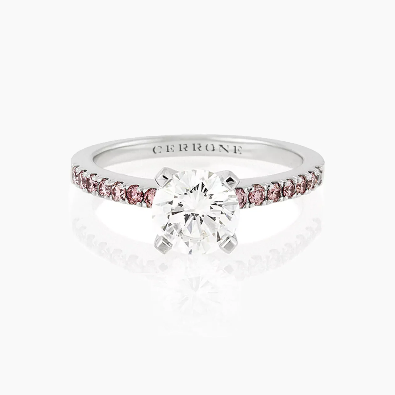 18ct white gold round brilliant cut pink rose and white diamond four claw engagement ring