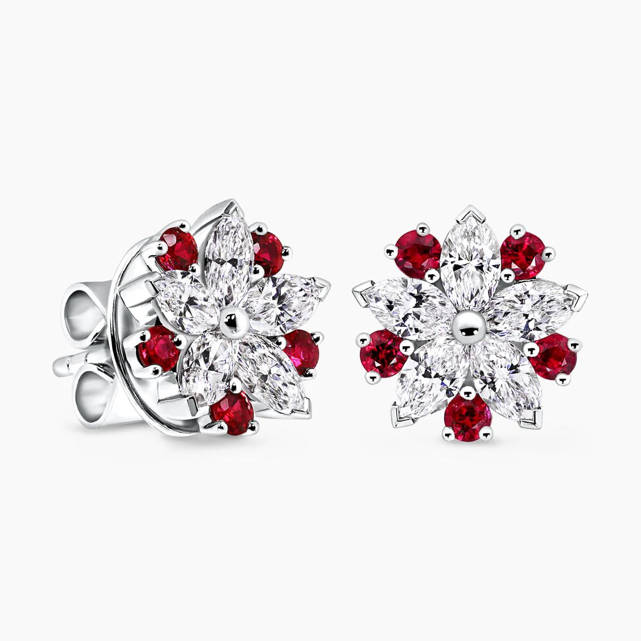 18ct white gold ruby & marquise shape diamond claw set stud earrings