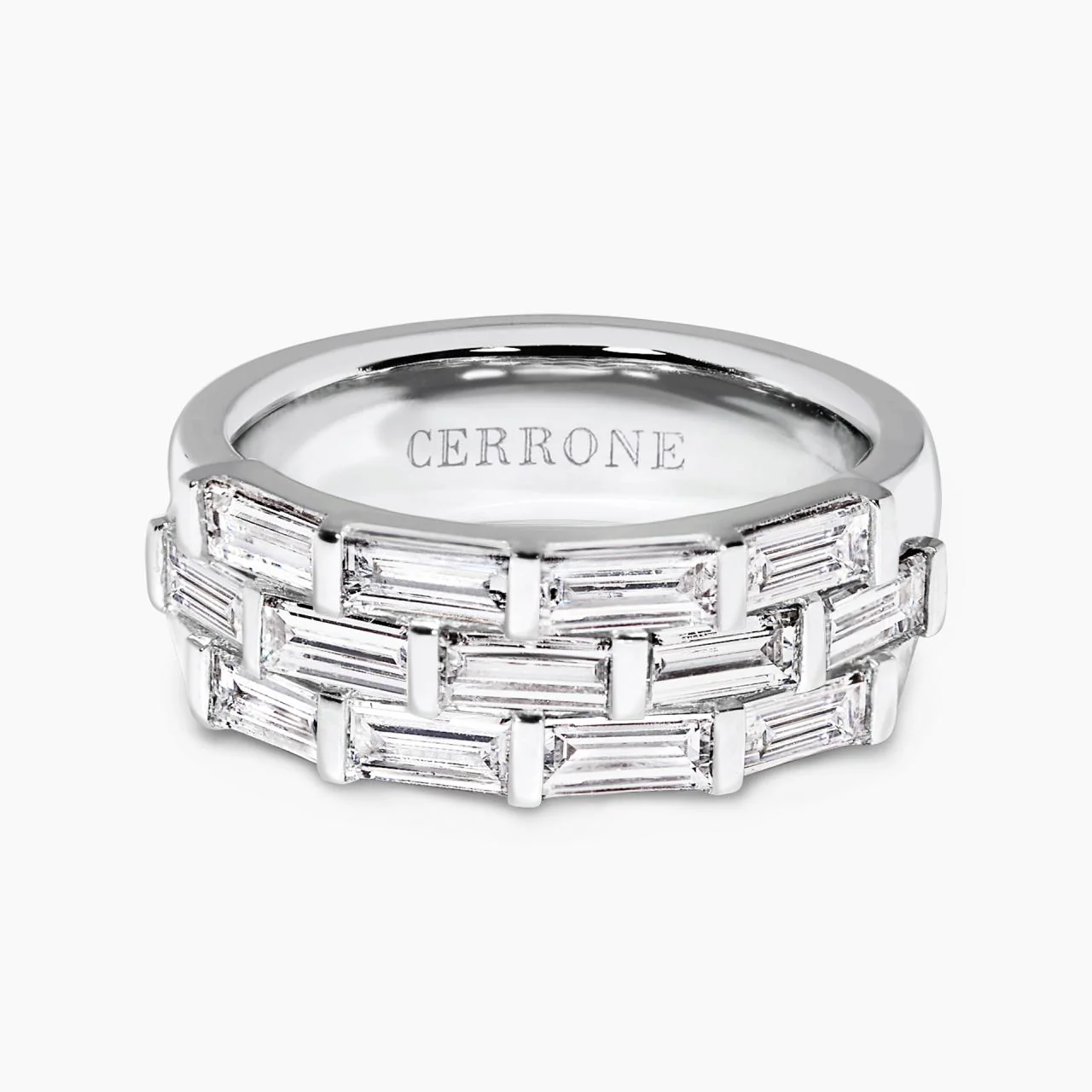 18ct white gold three row baguette diamond ring