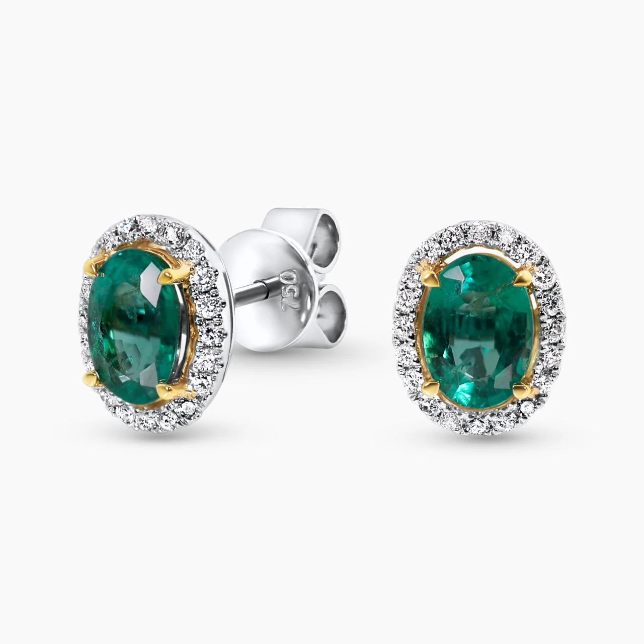 18ct white & yellow gold 2=1.43ct oval emerald & diamond halo stud earrings
