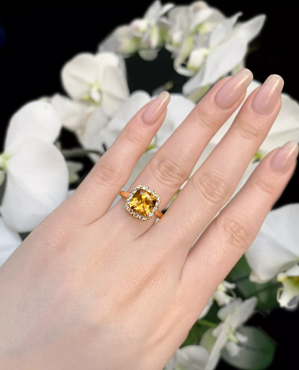18ct yellow gold 2.77ct cushion cut yellow tourmaline and round brilliant cut diamond halo ring