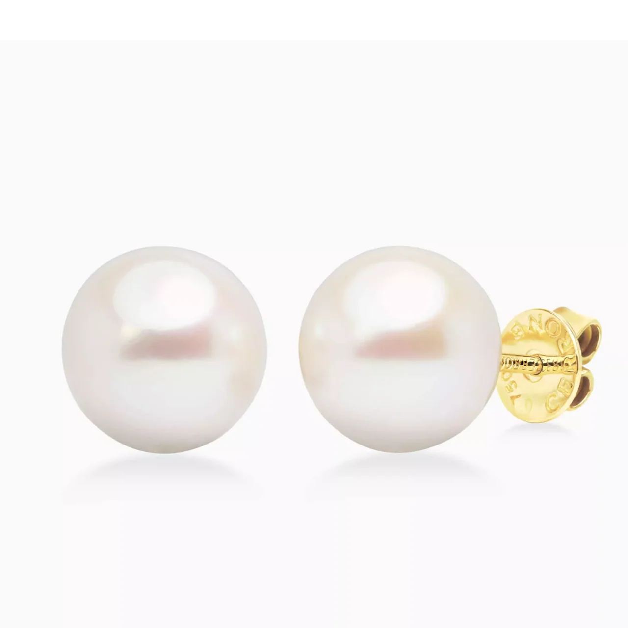 18ct yellow gold 2=9-9.5mm white round fresh water pearls stud earrings