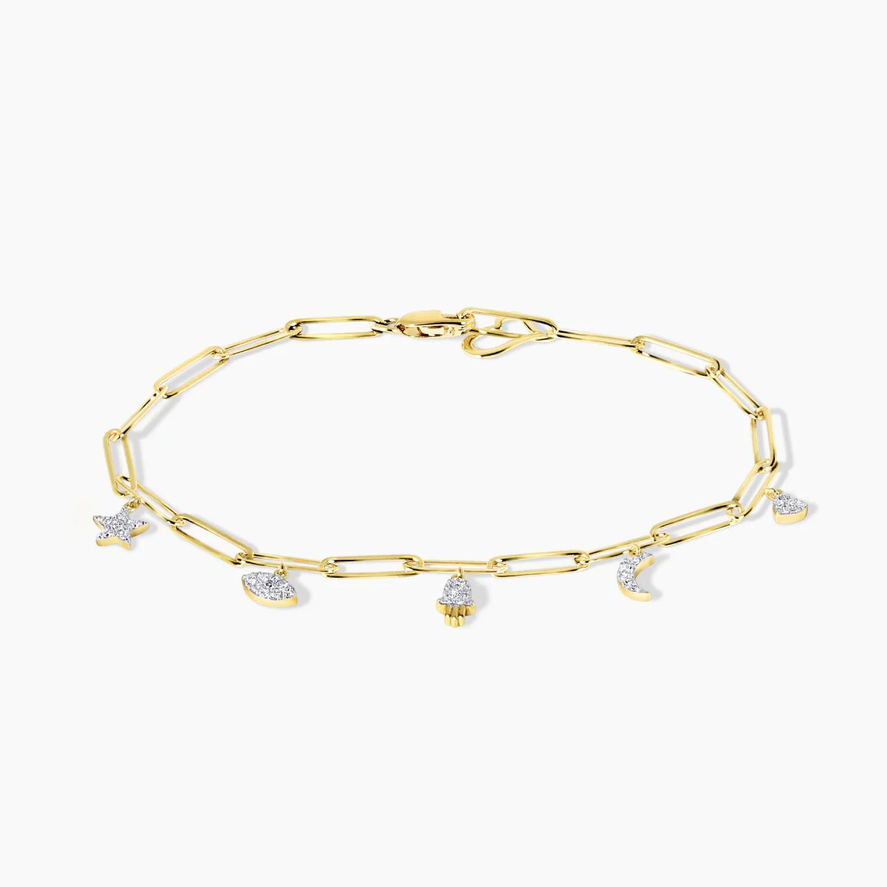18ct yellow gold 31=0.19ct diamond star, evil eye, hand, moon and heart charm paperclip bracelet