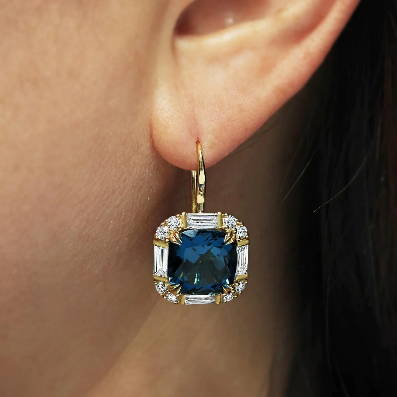 18ct yellow gold cushion cut London blue topaz & diamond drop earrings from the Hampton Collection - Image 2