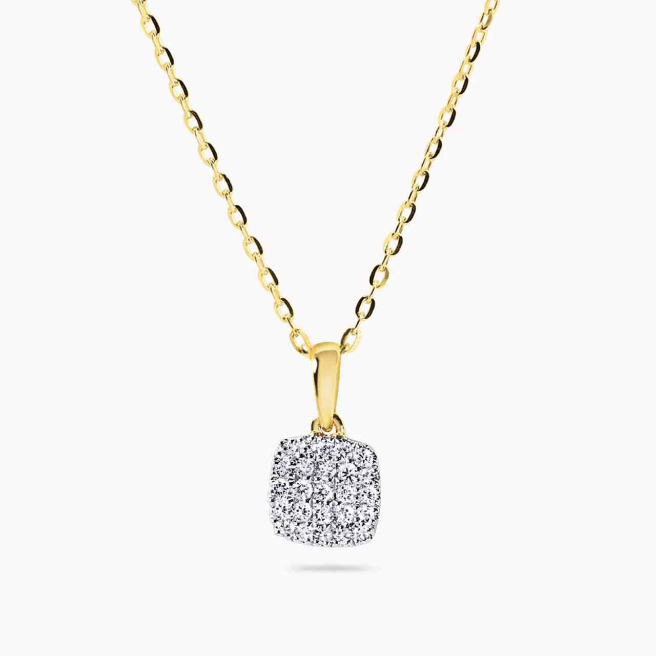 18ct yellow gold cushion shape cluster diamond necklace