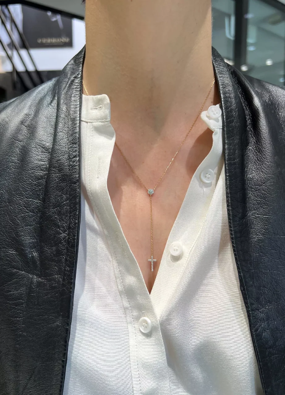 18ct yellow gold diamond drop cross necklace - Image 2