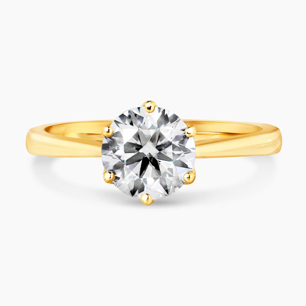 18ct yellow gold diamond solitaire engagement ring in a six claw setting. GIA cert