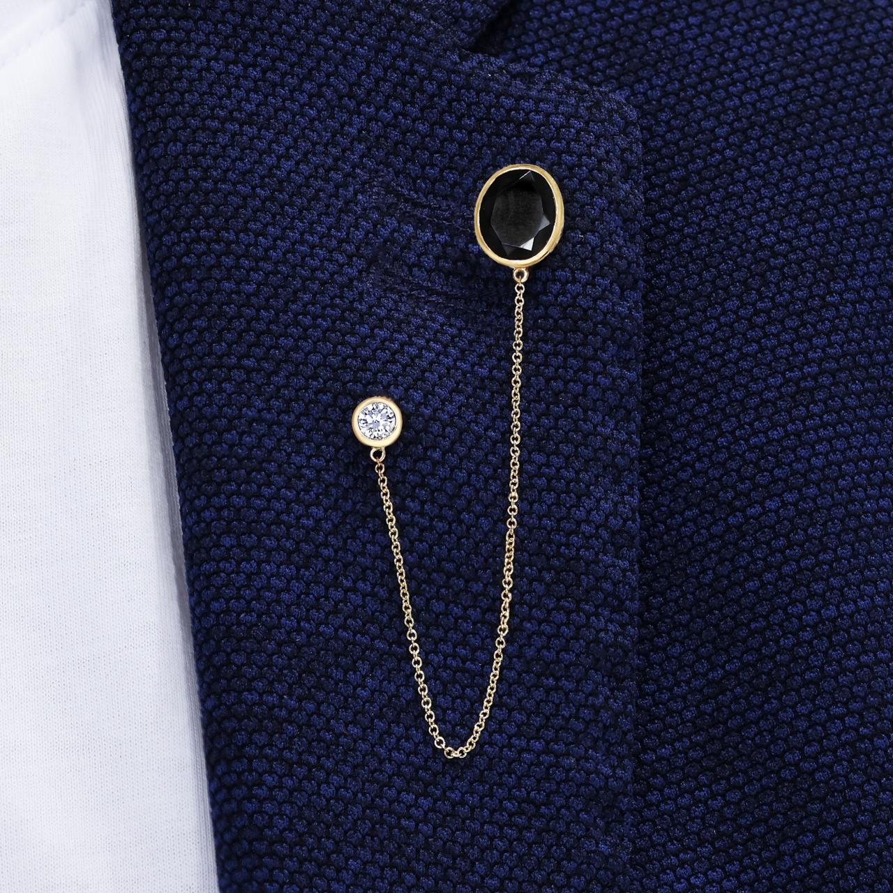 18ct yellow gold oval black spinel and round LAB Grown Diamond brooch - Image 3