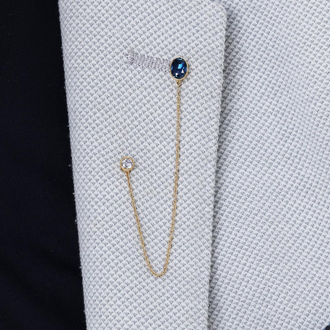 18ct yellow gold oval blue sapphire and round brilliant cut LAB Grown Diamond brooch - Image 3
