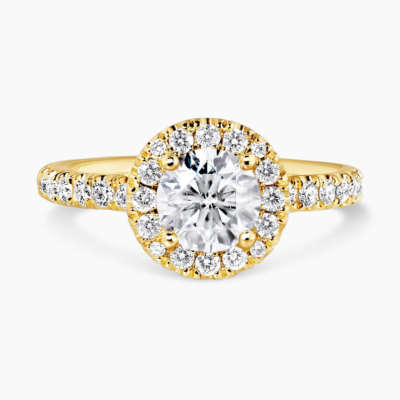18ct yellow gold round brilliant cut diamond ring with halo. GIA Cert