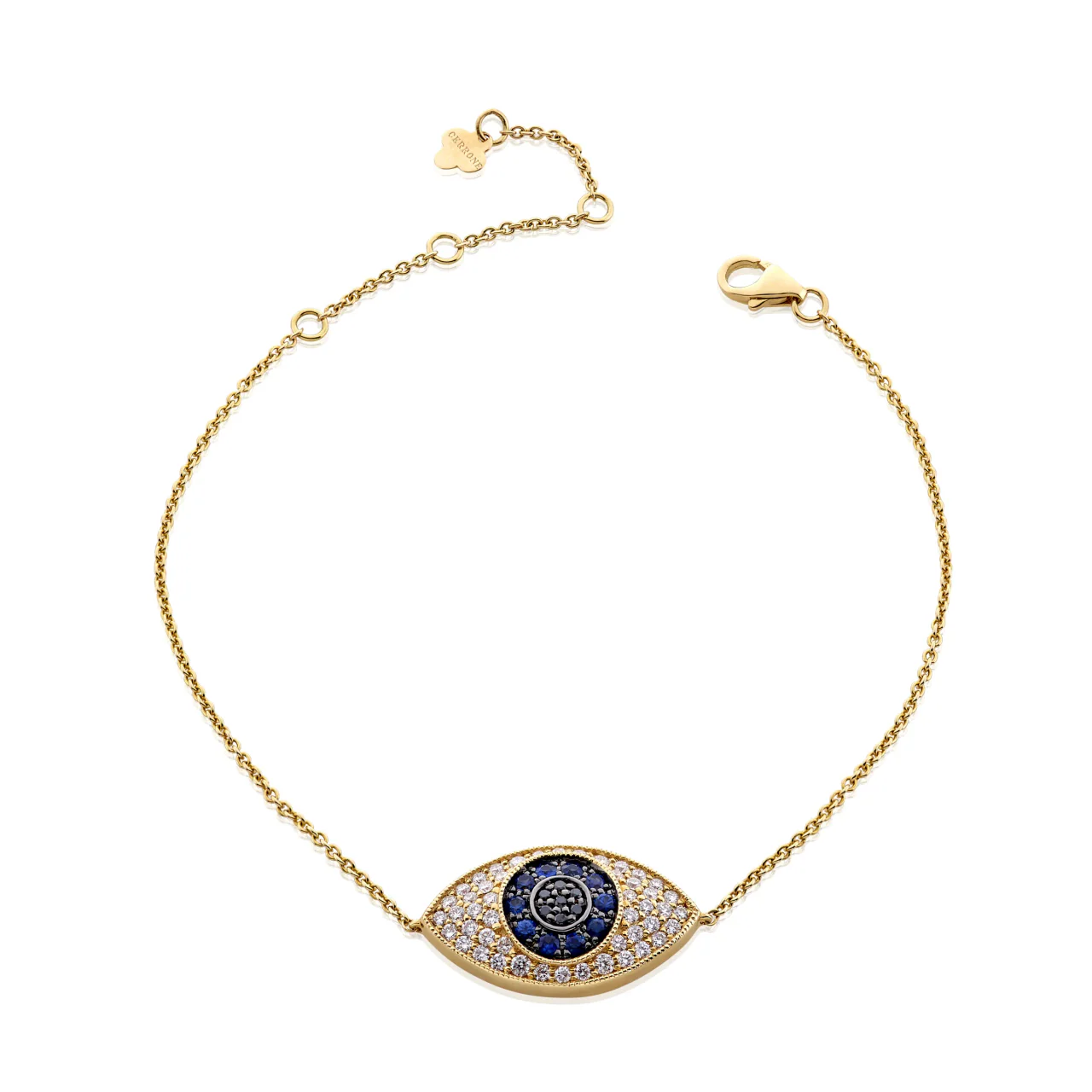 18ct yellow gold round brilliant cut diamonds,blue sapphires and black diamonds evil eye bracelet