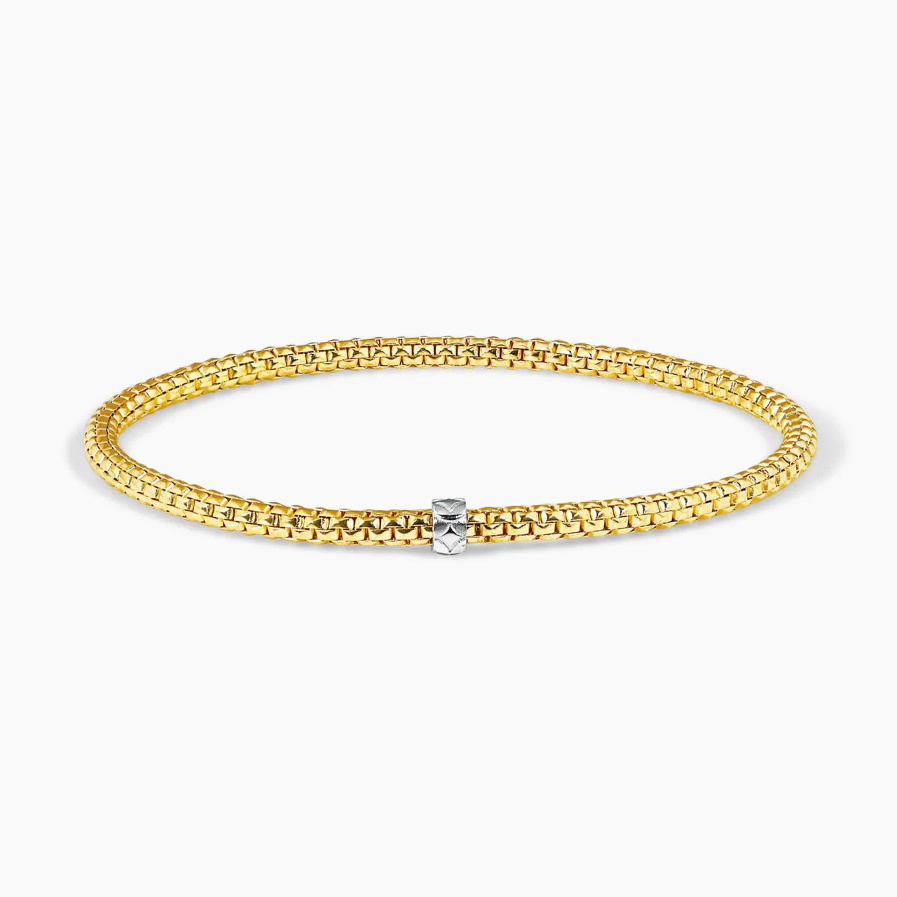 18ct yellow gold stretch mesh bracelet with an 18ct white gold rondel