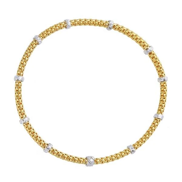 18ct yellow gold stretchy woven bracelet with 18ct white gold rondels