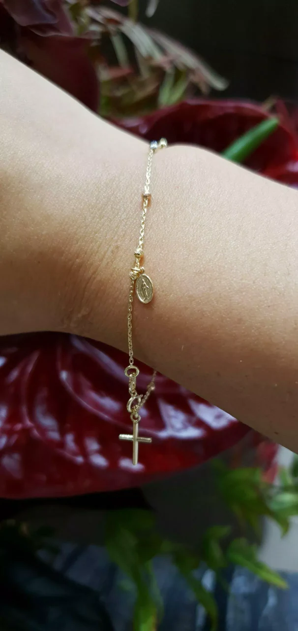18ct yellow, rose and white gold rosary beads bracelet with cross and medallion - Image 3