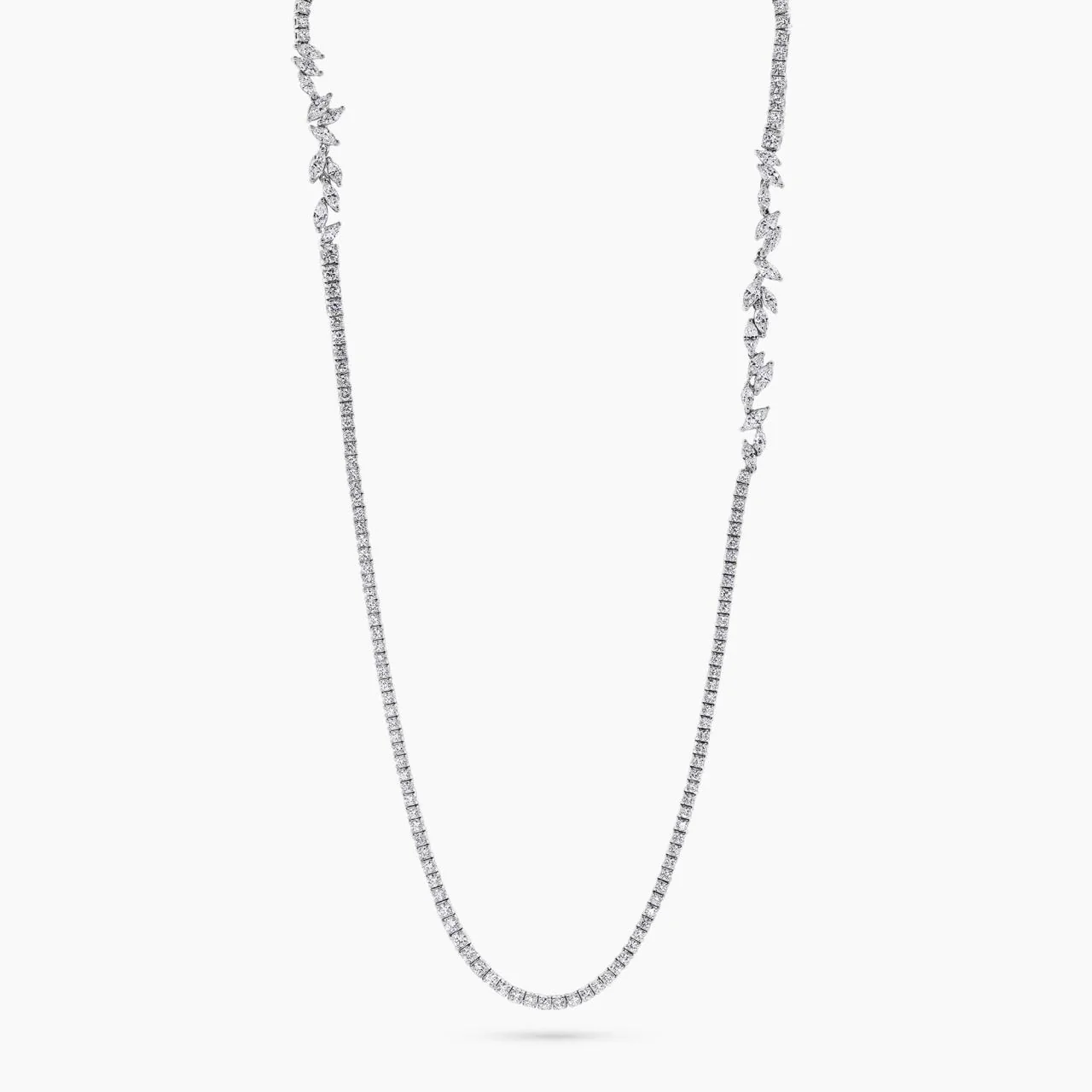 18ct white gold marquise and round brilliant cut diamond tennis necklace 93cm