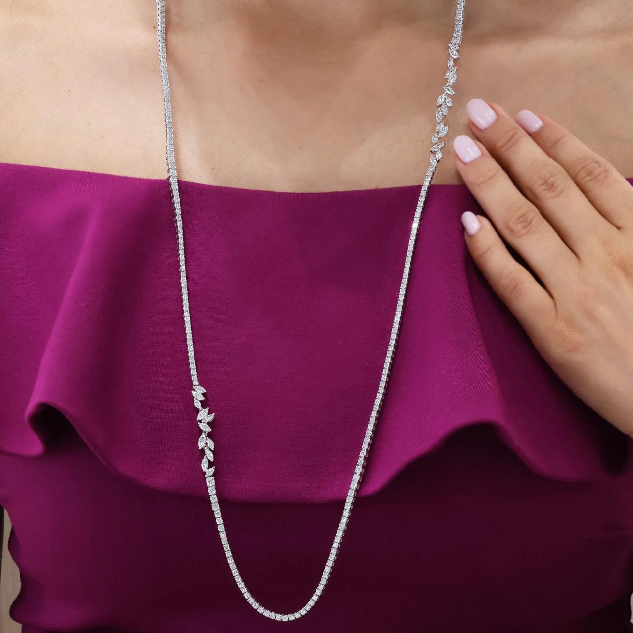 18ct white gold marquise and round brilliant cut diamond tennis necklace 93cm - Image 2