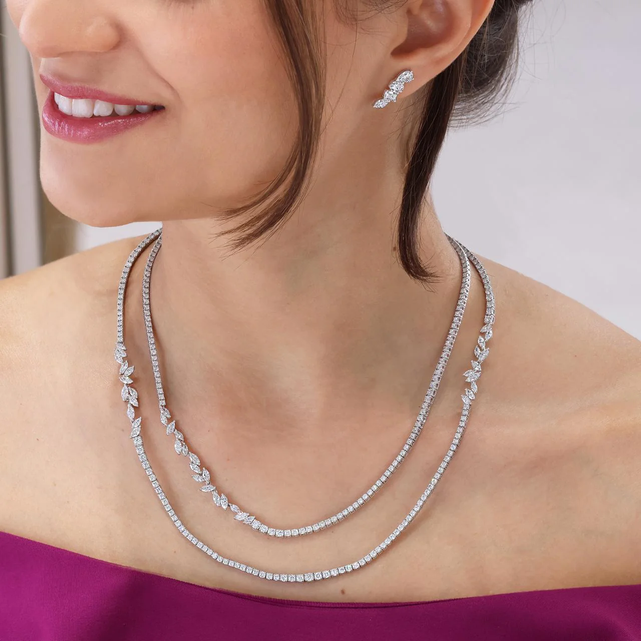 18ct white gold marquise and round brilliant cut diamond tennis necklace 93cm - Image 3