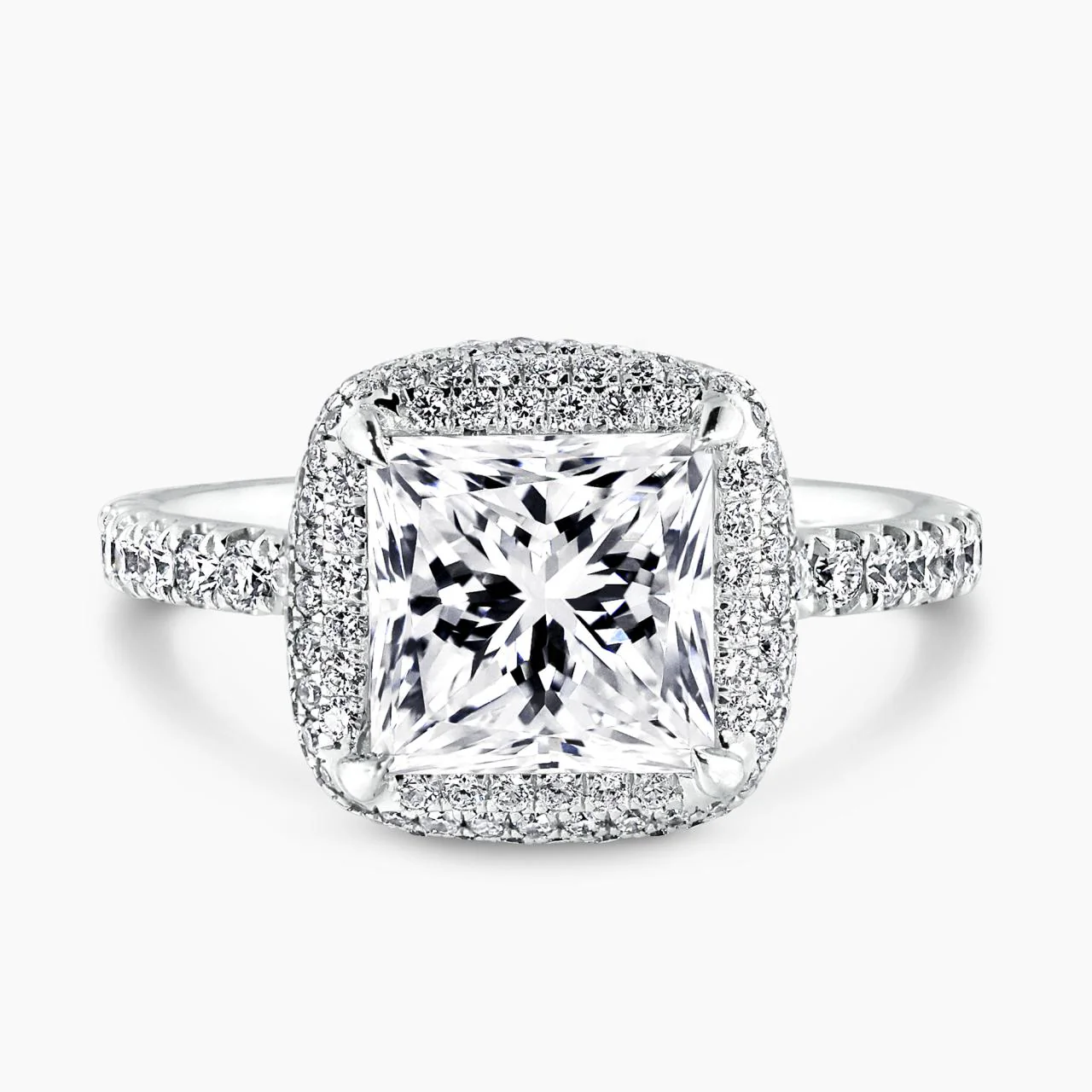 UNIONE 18ct white gold 2.79ct princess cut diamond engagement ring with round brilliant cut diamonds micropave set halo and claw set band