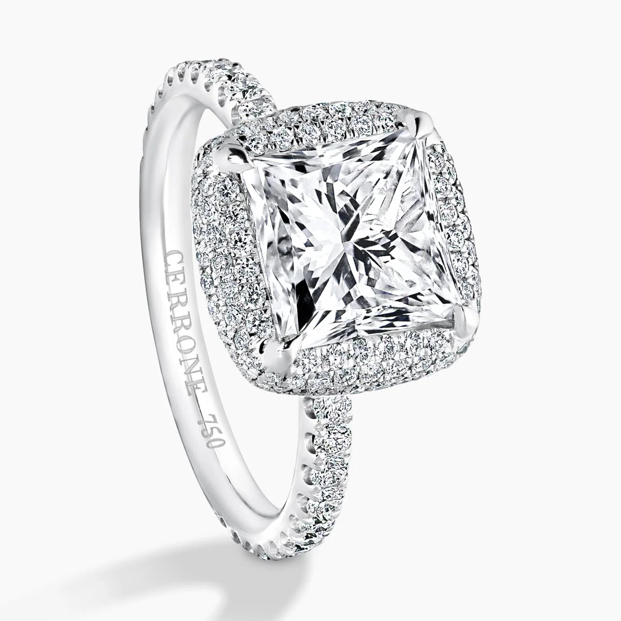 UNIONE 18ct white gold 2.79ct princess cut diamond engagement ring with round brilliant cut diamonds micropave set halo and claw set band - Image 2
