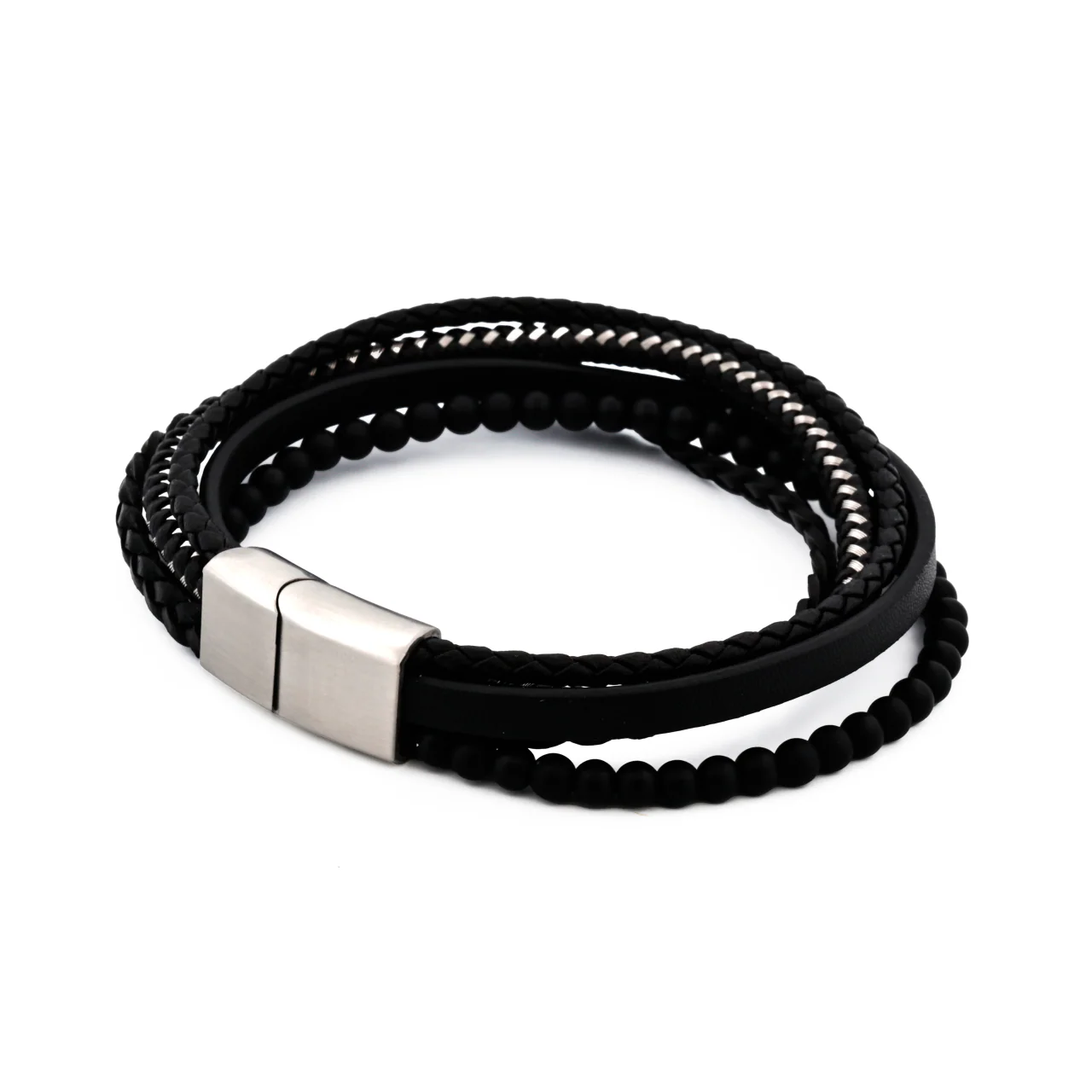 Black Agate and Multi Strand Leather Bracelet 21.5cm - Image 3