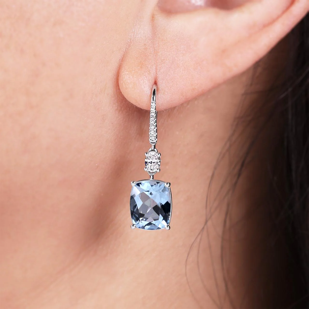 18ct white gold cushion cut aquamarine and diamond drop earrings - Image 2