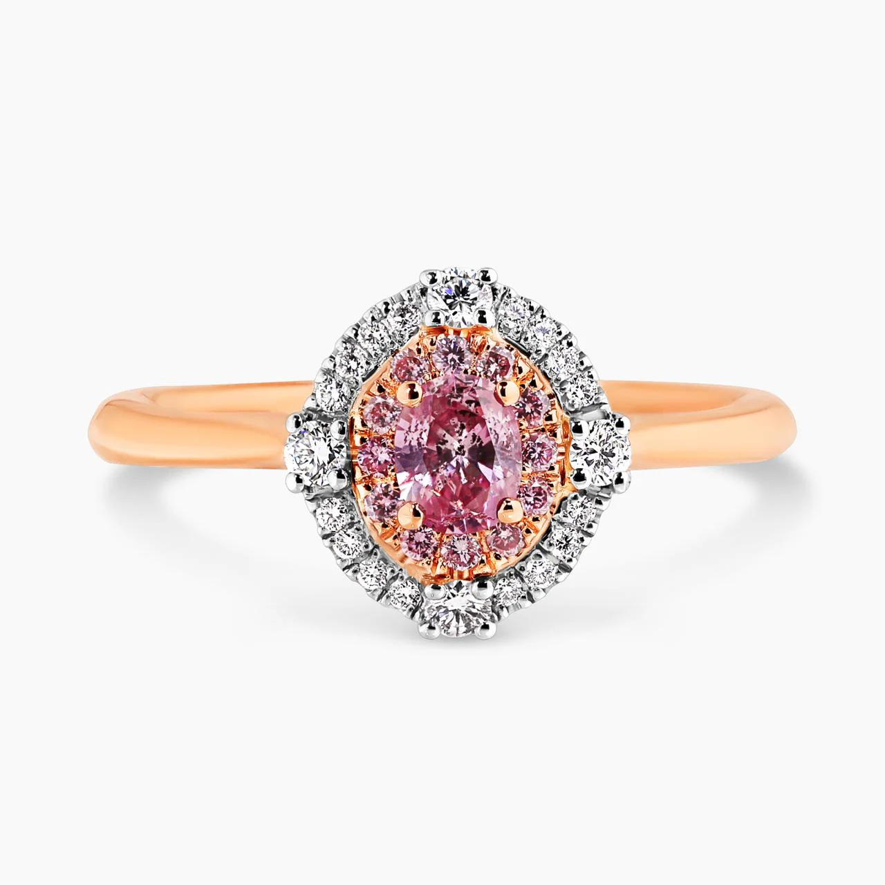 ROSELIA 18ct rose and white gold 0.23ct oval shaped brilliant cut fancy intense purple pink P1 diamond halo engagement ring GIA Cert