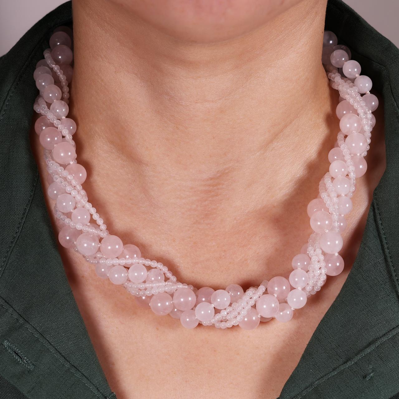 Rose quartz six row necklace ended with a gold plated silver magnetic clasp from the Carmela Cerrone Collection - Image 2