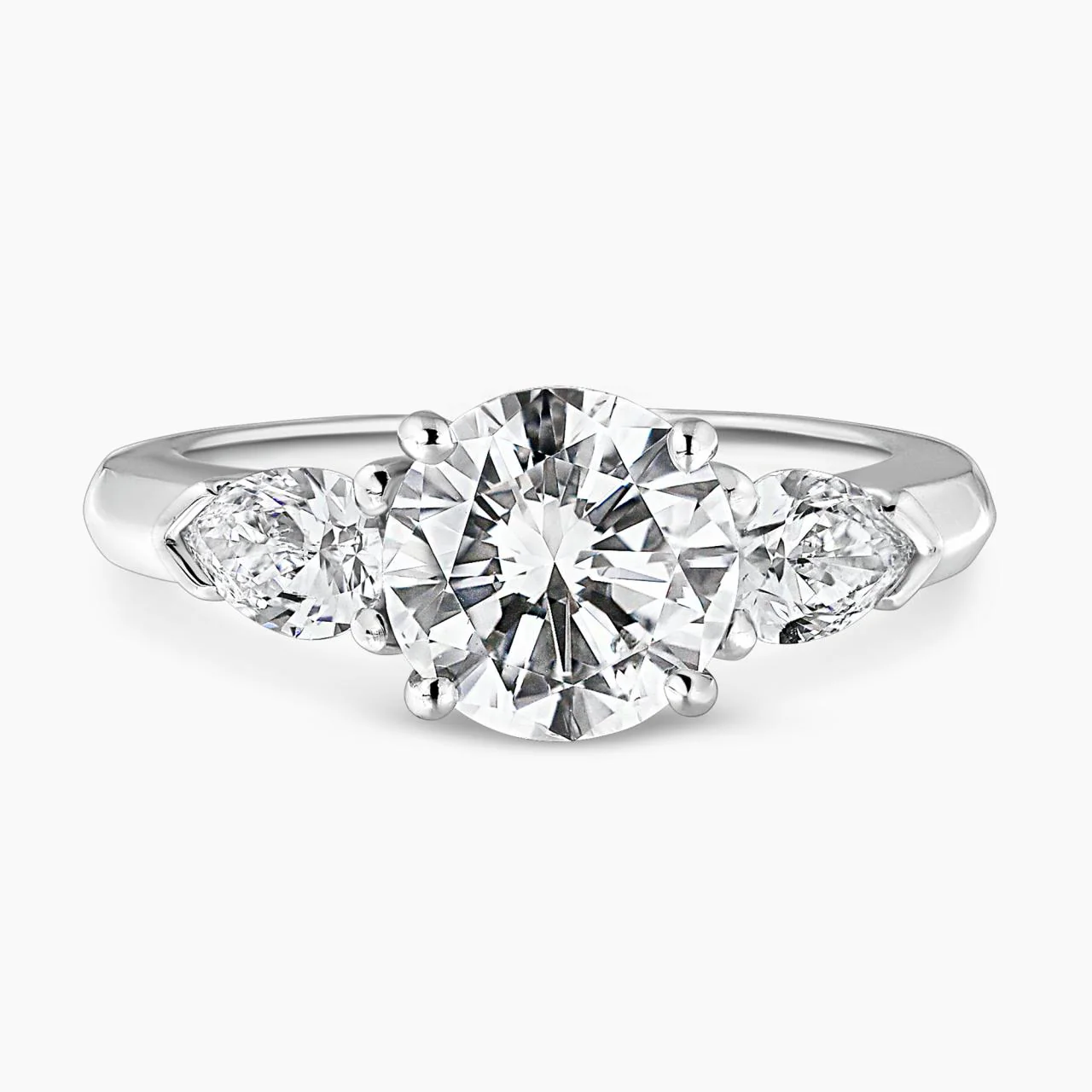 18ct white gold round brilliant cut diamond engagement ring with pear shaped diamonds on the side GIA Cert