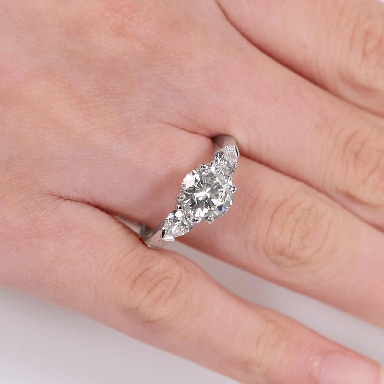 18ct white gold round brilliant cut diamond engagement ring with pear shaped diamonds on the side GIA Cert - Image 2