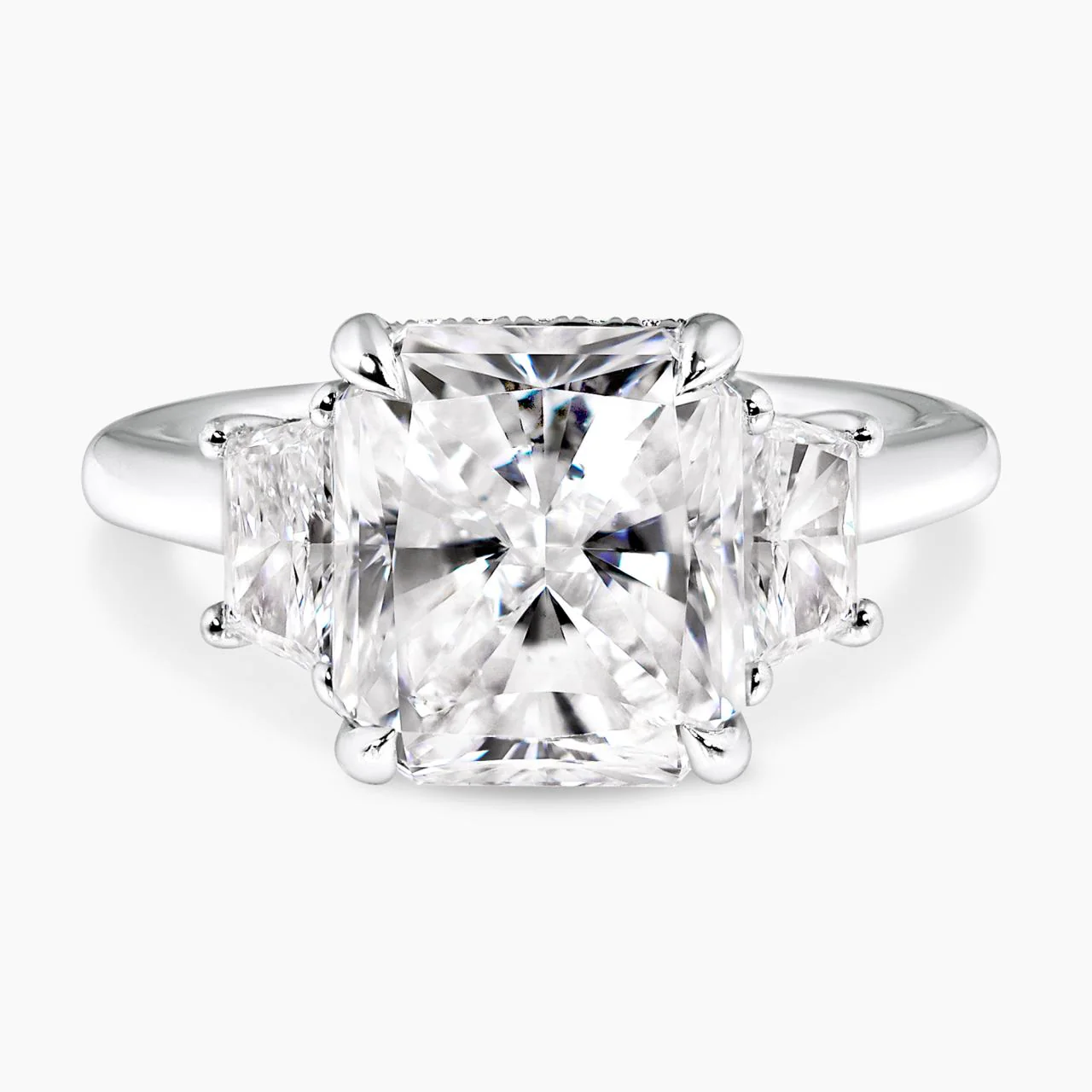 AURA - Platinum 5.03ct radiant diamond ring with 2=0.73ct trapezoid brilliant cut diamonds on the side GIA Cert