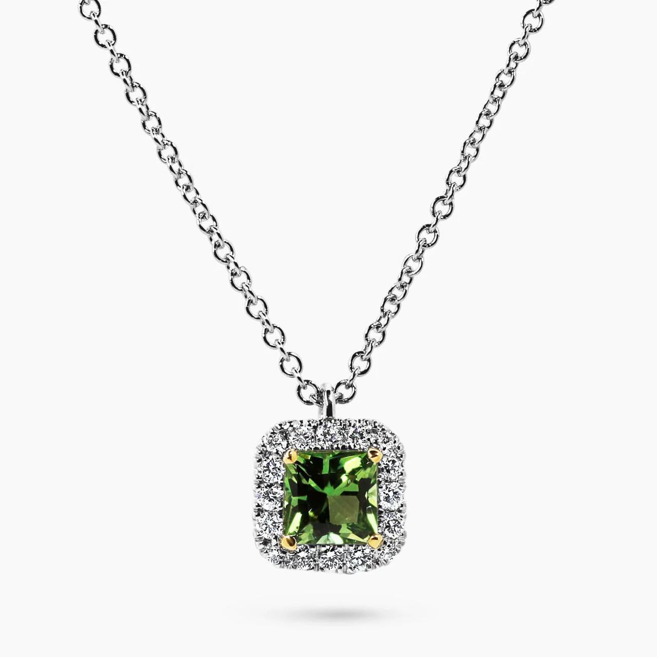 18ct white and yellow gold 0.51ct Asscher cut Tanzanian green tourmaline and diamond necklace