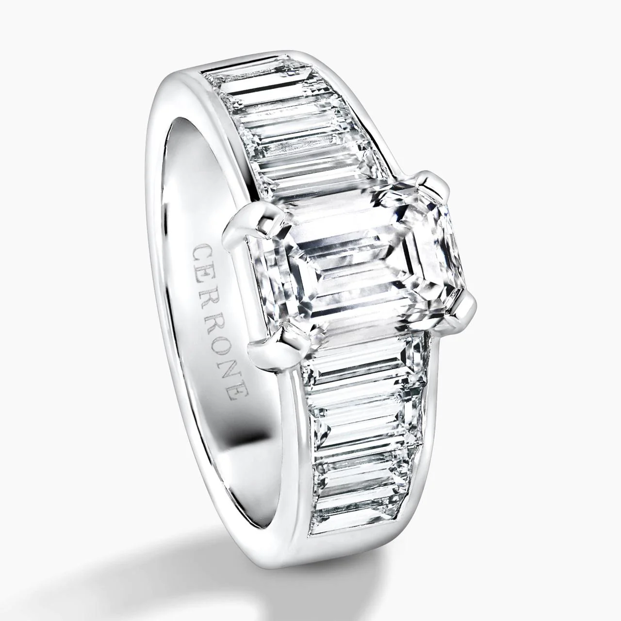 18ct White gold emerald cut diamond engagement ring with baguette cut diamonds on the band - Image 3