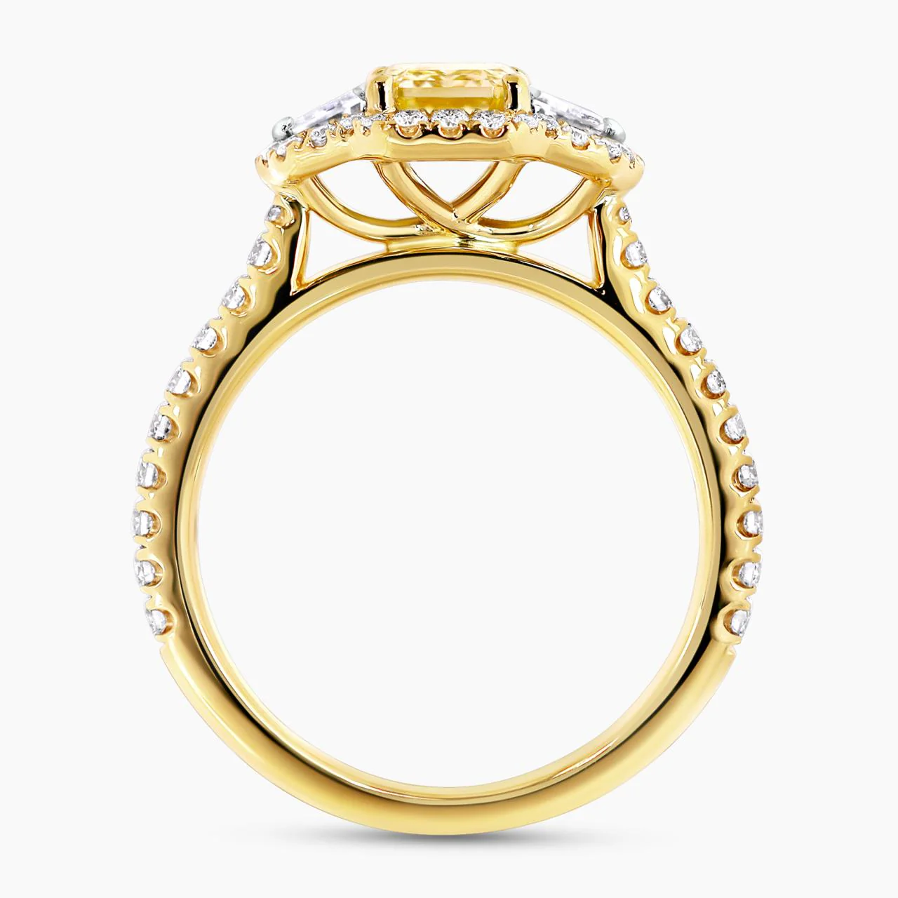 18ct yellow gold Fancy Intense Yellow emerald cut diamond engagement ring with cadillac step cut diamonds on the side - Image 2