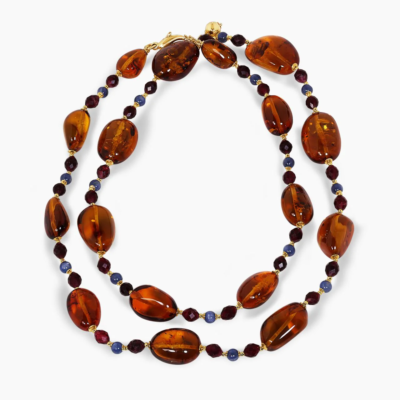 Amber, kyanite and garnet beads necklace with gold-plated silver fittings from the Carmela Cerrone Collection