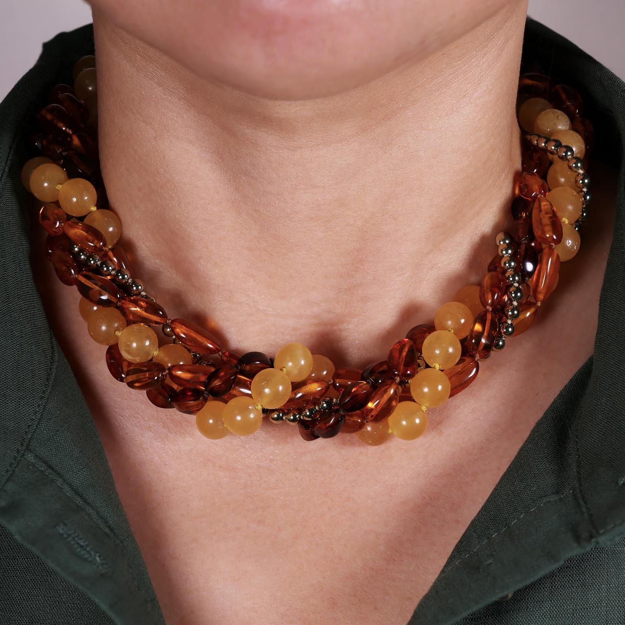 Amber, single row of gold plated hemitite and single row of orange calcite beaded necklace - Image 2