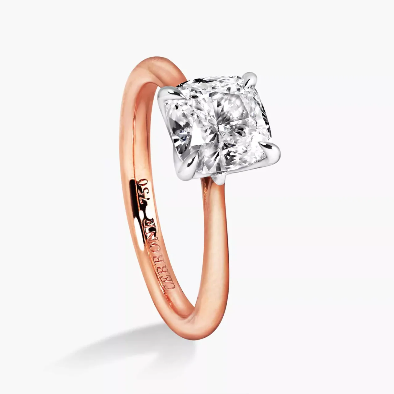 BARI 18ct rose and white gold cushion cut diamond four claw upswept tapered engagement ring - Image 2