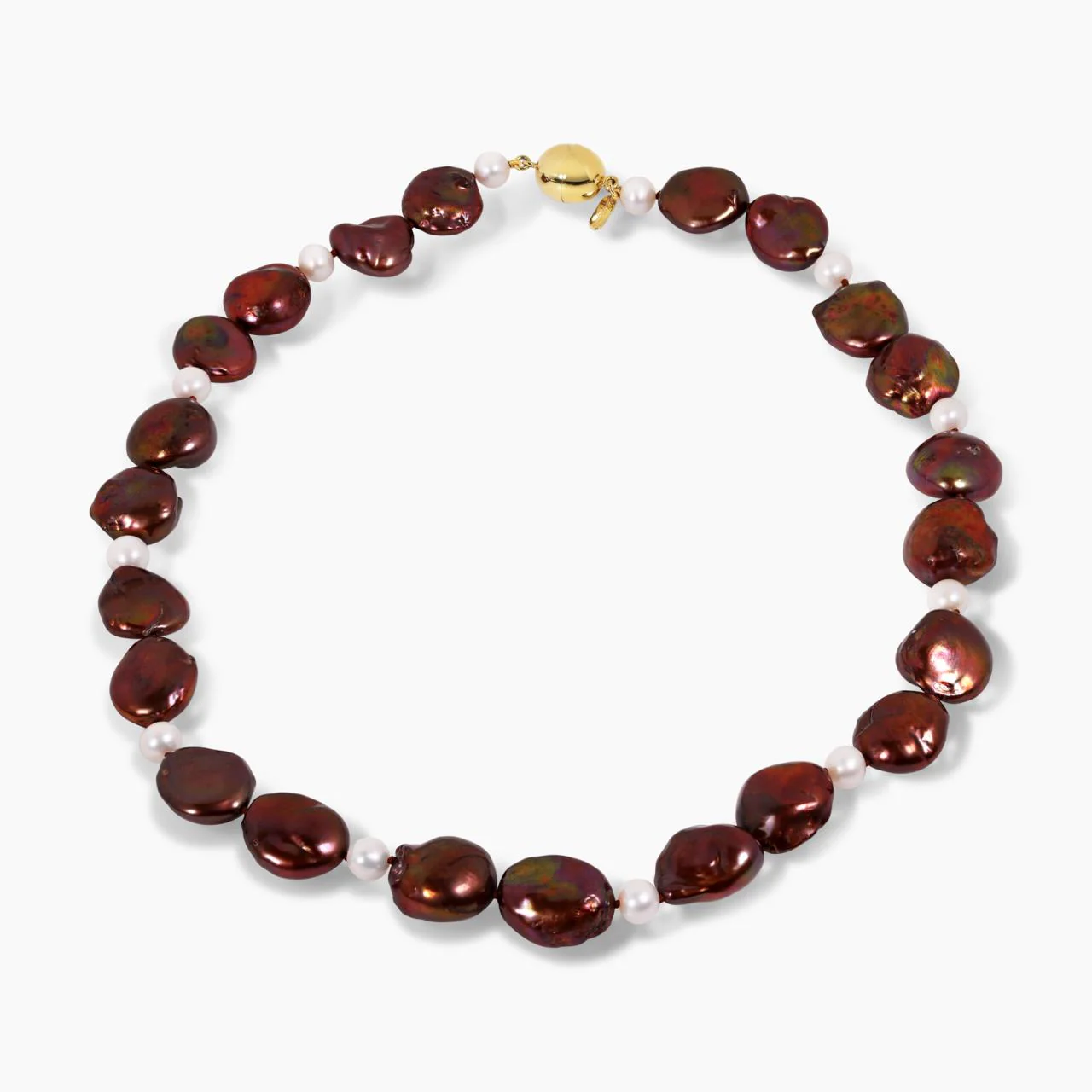 Baroque dyed brown pearls and fresh water pearls necklace with gold plated oval magnetic clasp from the Carmela Cerrone Collection