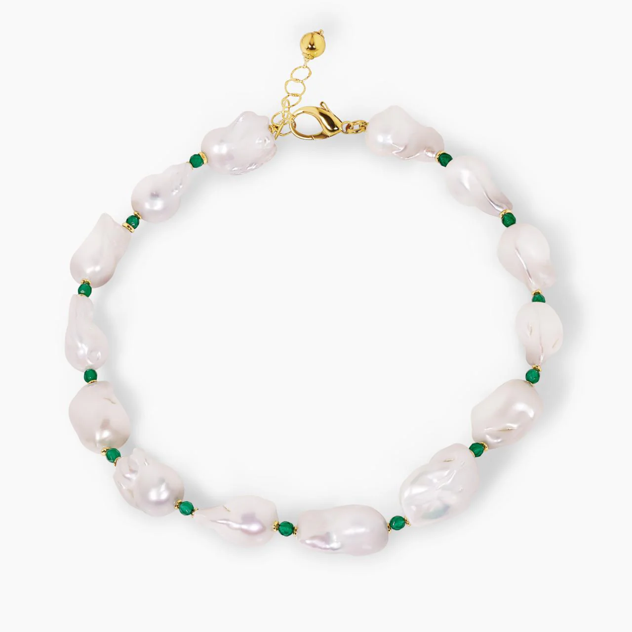 Baroque freshwater pearls and green agate beads necklace with gold-plated silver fittings from the Carmela Cerrone Collection