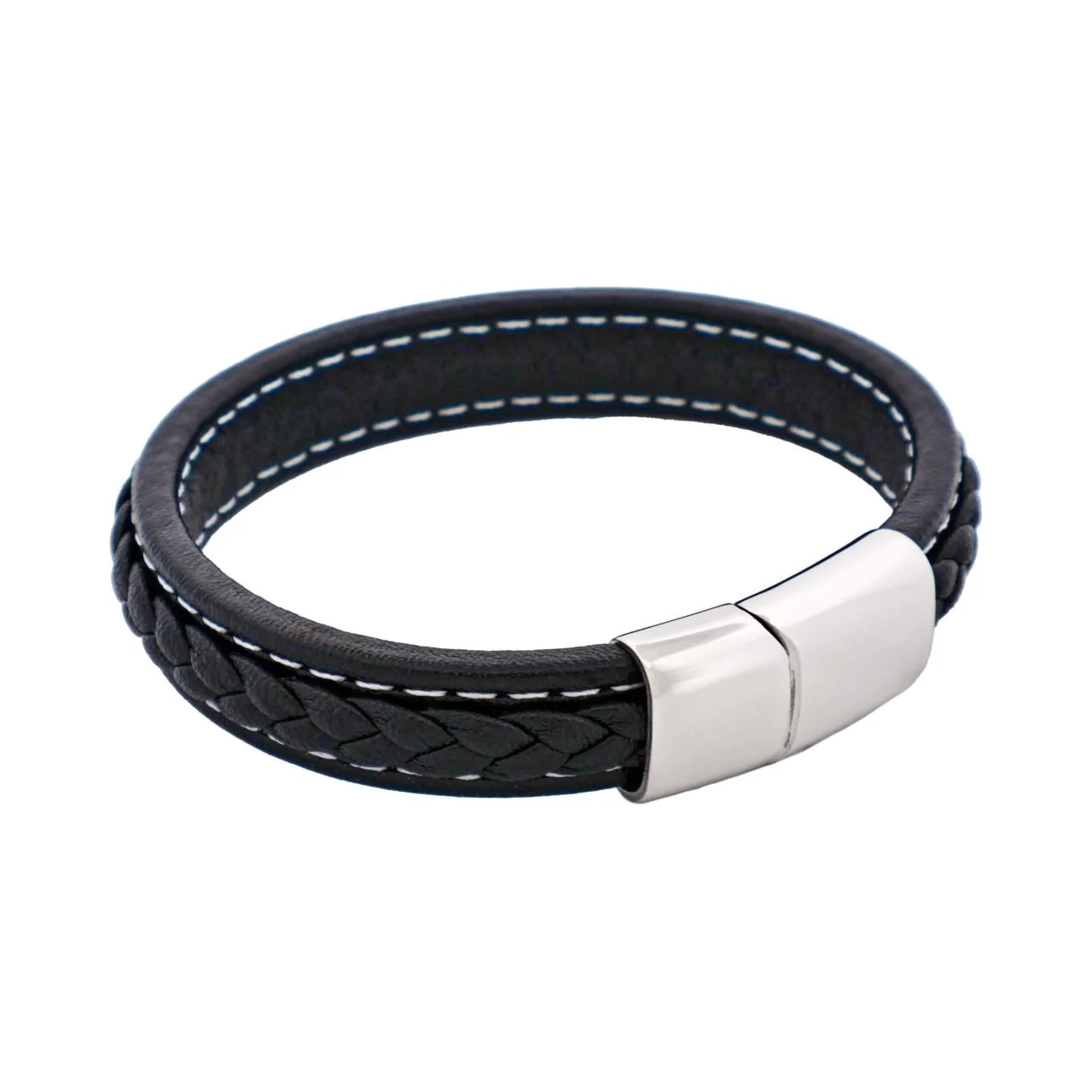 Black Stitched Leather / Stainless Steel mens Bracelet - Image 3