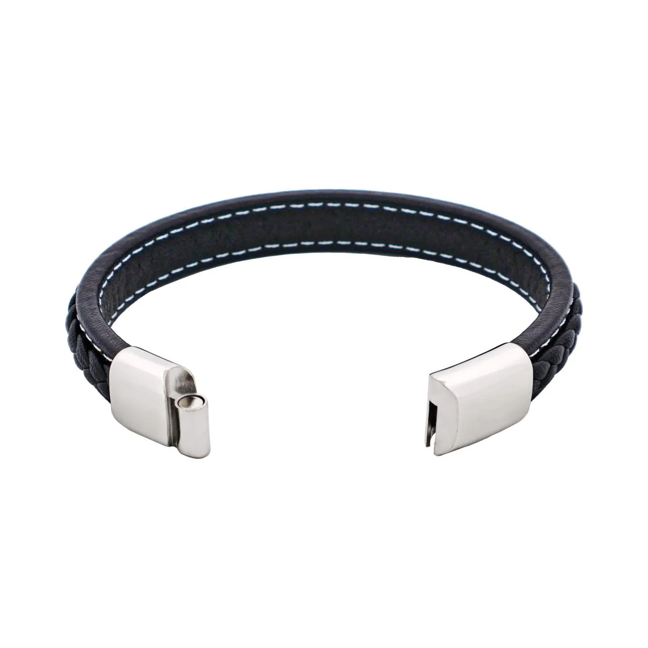 Black Stitched Leather / Stainless Steel mens Bracelet - Image 4