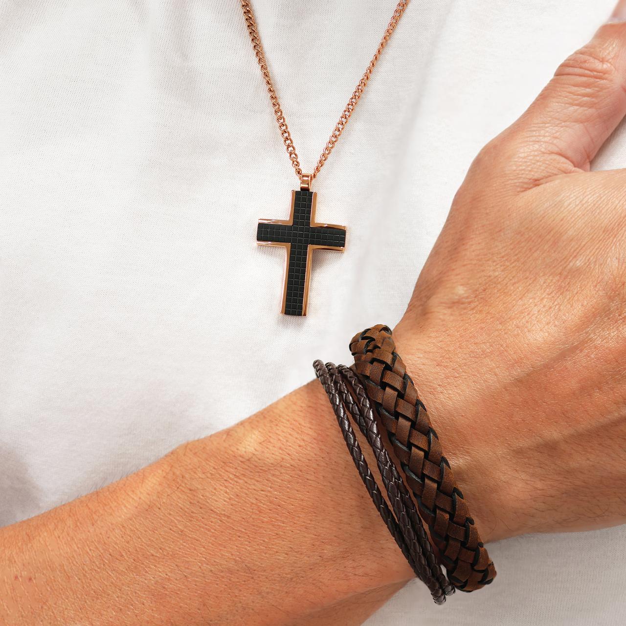 Braided Brown Italian Suede Leather & Brushed Stainless Steel Bracelet - Image 2