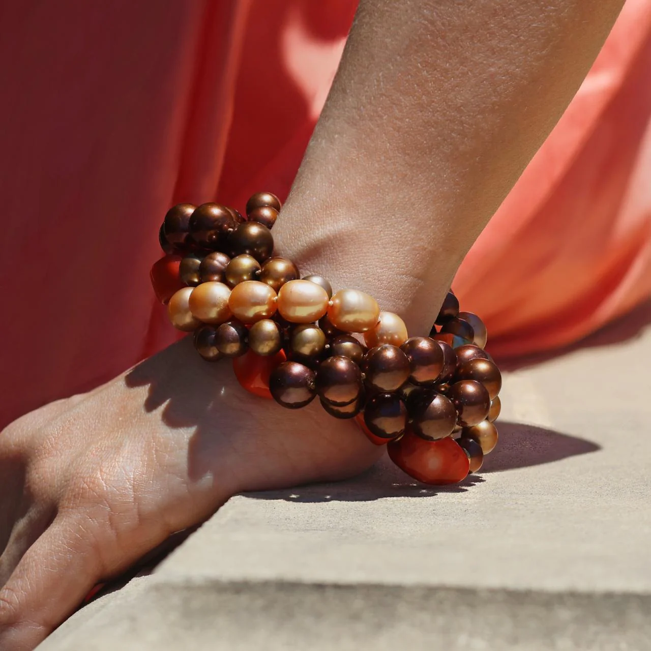 Bronze and brown Fresh water Pearls, Dyed Coral and gold plated rondells beaded bracelet - Image 3