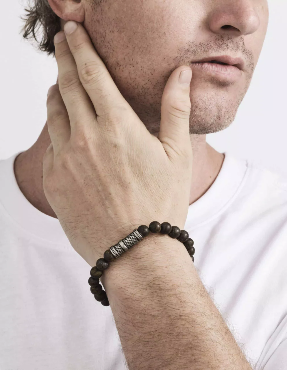 Bronzite and stainless steel beaded stretchy mens bracelet - Image 2