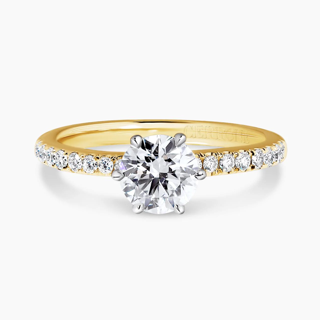 CAPRI DIA BAND 18ct yellow and white gold round brilliant cut diamond ring in a six claw setting with diamond band. GIA Cert