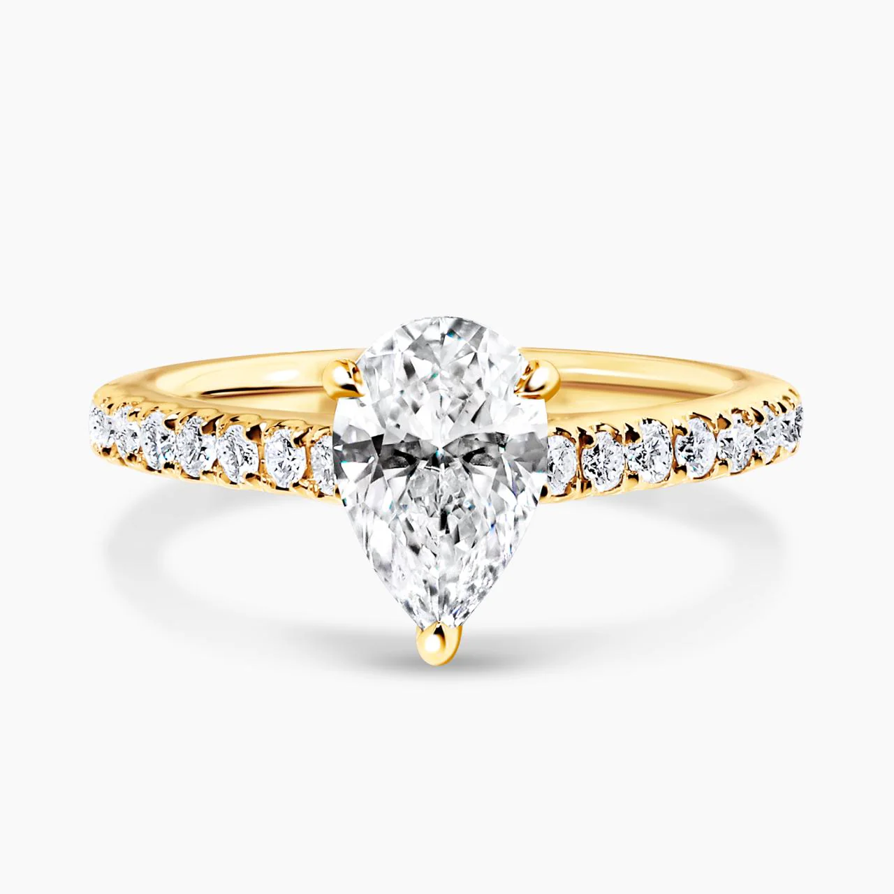 COMO 18ct yellow gold pear shaped diamond engagement ring in a three claw setting with diamonds on the band. GIA Cert