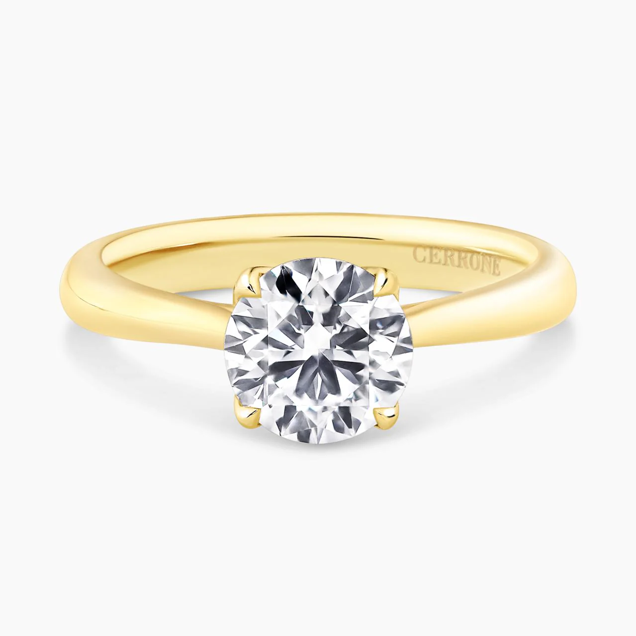 FLORENCE 18ct yellow gold 1.44ct D VVS2 round brilliant cut lab grown diamond solitaire ring in a four claw setting. IGI Cert