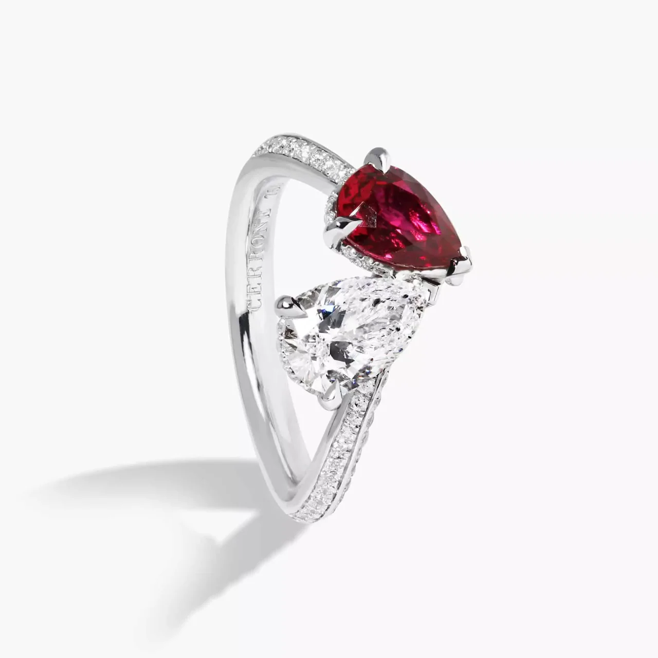 INSIEME - 18ct white gold pear and round brilliant cut Mozambique ruby and diamond knife edge ring - Image 2