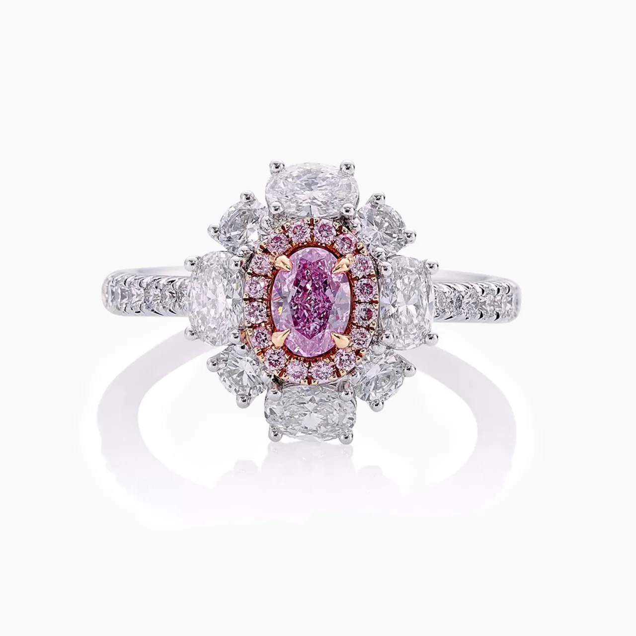 LA MIA STELLA - 18ct white and rose gold fancy intense oval pink and white diamond double halo ring
